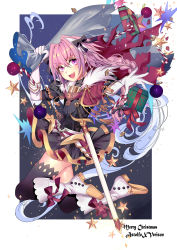 Rule 34 | 1boy, absurdres, arwin scarlet, astolfo (fate), black bow, black legwear, boots, bow, braid, cape, christmas, fang, fate/apocrypha, fate (series), gauntlets, hair bow, highres, holding, male focus, open mouth, pink eyes, pink hair, sheath, sheathed, single braid, smile, sword, thighhighs, trap, weapon