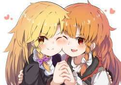 Rule 34 | azusa (cookie), black capelet, black jacket, blush, bow, braid, capelet, cheek-to-cheek, closed mouth, commentary request, cookie (touhou), face, hair bow, heads together, heart, holding hands, interlocked fingers, jacket, kirisame marisa, long hair, long sleeves, one eye closed, open mouth, orange hair, purple bow, red eyes, rei (cookie), shirt, side braid, simple background, single braid, smile, split mouth, touhou, white background, white bow, white shirt, yellow eyes, yumekamaborosh