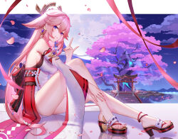 Rule 34 | 1girl, animal ears, backless outfit, backless shirt, bare shoulders, breasts, cherry blossoms, commentary, detached sleeves, falling petals, feet, fox ears, full moon, genshin impact, grin, hand up, high heels, highres, knees up, large breasts, legs, lightria, long hair, long sleeves, looking at viewer, moon, nail polish, night, night sky, nontraditional miko, petals, pink hair, purple eyes, red skirt, sandals, shirt, sideboob, sitting, skirt, sky, sleeveless, sleeveless shirt, smile, solo, thighs, toenail polish, toenails, toes, torii, tree, very long hair, white shirt, yae miko