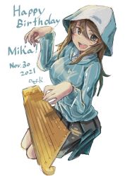 Rule 34 | 1girl, artist name, blue hat, blue shirt, brown eyes, brown hair, character name, commentary, dated, dress shirt, english text, girls und panzer, grey skirt, hair between eyes, happy birthday, hat, highres, holding, holding instrument, instrument, invisible chair, kantele, keizoku school uniform, kuroneko douji, long hair, long sleeves, looking at viewer, mika (girls und panzer), miniskirt, music, open mouth, playing instrument, pleated skirt, school uniform, shirt, signature, simple background, sitting, sketch, skirt, smile, solo, striped clothes, striped shirt, tulip hat, vertical-striped clothes, vertical-striped shirt, white background, white shirt, wing collar