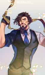 Rule 34 | 1boy, armband, beard, black eyes, black hair, brant0815, collared shirt, facial hair, formal, gloves, hanzo (overwatch), headband, looking at viewer, male focus, manly, muscular, muscular male, necktie, overwatch, overwatch 1, pants, pectorals, scion hanzo, shirt, solo, sparkle, spiked hair, suit, thick eyebrows, tight clothes, upper body