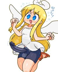 Rule 34 | 1other, :d, @ @, angel wings, black shorts, blonde hair, blue eyes, blush, breasts, broken halo, commentary request, crimvael, dress, erection, erection under clothes, floating, flying sweatdrops, full-face blush, futanari, halo, ishuzoku reviewers, large penis, long hair, open mouth, penis, rariatto (ganguri), sandals, shorts, simple background, small breasts, smile, solo, translation request, white background, white dress, wings