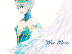 Rule 34 | 10s, 1girl, bare shoulders, blue eyes, blue hair, blue rose (tiger &amp; bunny), breasts, character name, cleavage, earrings, elbow gloves, female focus, gloves, hat, jewelry, karina lyle, lipstick, maco (munya), makeup, matching hair/eyes, medium breasts, short hair, solo, superhero costume, tiger &amp; bunny, white background, wings