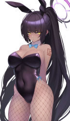 Rule 34 | 1girl, absurdres, ahoge, animal ears, arm tattoo, arms behind back, black hairband, black leotard, blue archive, blue bow, blue bowtie, bow, bowtie, breasts, cleavage, commentary request, covered navel, cowboy shot, curvy, dark-skinned female, dark skin, detached collar, earrings, fake animal ears, fishnet pantyhose, fishnets, hairband, halo, highleg, highleg leotard, highres, jewelry, karin (blue archive), karin (bunny) (blue archive), large breasts, leotard, long hair, looking at viewer, mari0ball, official alternate costume, pantyhose, playboy bunny, ponytail, rabbit ears, shiny clothes, shiny skin, simple background, solo, standing, strapless, strapless leotard, tattoo, traditional bowtie, very long hair, white background, wide hips, yellow eyes