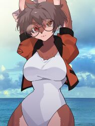 Rule 34 | 1girl, arms up, azatarou h, black jacket, breasts, brown fur, eyebrows, eyelashes, furry, furry female, glasses, highres, jacket, large breasts, leotard, medium breasts, mila croix (nofacelord), multicolored clothes, multicolored jacket, orange jacket, short hair, solo, standing, two-tone fur, two-tone jacket, white leotard