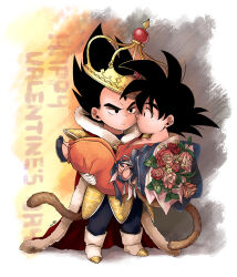 Rule 34 | 2boys, armor, black hair, blue bodysuit, bodysuit, boots, bouquet, carrying, carrying person, chest armor, child, closed mouth, crown, dougi, dragon ball, dragonball z, flower, gloves, highres, holding, holding bouquet, looking at another, male focus, monkey tail, multiple boys, princess carry, rose, saiyan armor, scharlachrotn, short hair, son goku, spiked hair, tail, vegeta, white gloves