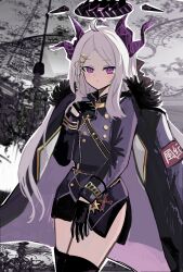 Rule 34 | 1girl, absurdres, ahoge, armband, belt, black coat, black gloves, black skirt, blue archive, coat, coat on shoulders, commentary request, demon girl, demon horns, forehead, fur-trimmed coat, fur trim, future zero, gloves, hair ornament, hair ribbon, hairclip, halo, highres, hina (blue archive), horns, long hair, long sleeves, looking at viewer, military, military uniform, open clothes, open coat, parted bangs, pencil skirt, purple eyes, ribbon, sam browne belt, shoulder belt, side slit, sidelocks, skirt, solo, uniform, white hair