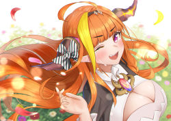 Rule 34 | 1girl, ahoge, black hairband, blonde hair, blunt bangs, blurry, blurry background, blush, bokeh, bow, braid, breasts, brooch, chain, chain necklace, cleavage, cleavage cutout, clothing cutout, collared shirt, commentary request, crying, depth of field, diagonal-striped bow, dragon girl, dragon horns, fang, floating hair, flower, gem, glowing, glowing petals, hairband, hand up, highres, hololive, horn bow, horn ornament, horns, jewelry, kiryu coco, kiryu coco (1st costume), large breasts, long hair, looking at viewer, multicolored hair, necklace, one eye closed, ootsuka you, open mouth, orange hair, petals, pointy ears, purple eyes, shirt, side braid, sidelocks, single braid, solo, streaked hair, striped, striped bow, tears, teeth, upper body, upper teeth only, virtual youtuber, white shirt