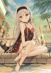 Rule 34 | 1girl, anklet, bare shoulders, black cat, black dress, bracelet, breasts, building, cat, cloud, collarbone, crossed legs, dress, earrings, eyes visible through hair, flower, headband, highres, jewelry, lily pad, long hair, looking at viewer, medium breasts, multicolored clothes, multicolored dress, necklace, obelisk, original, outdoors, palm tree, red dress, red eyes, sidelocks, silver hair, sitting, sky, solo, tower, tree, very long hair, water, yuuki rika