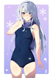 Rule 34 | 1girl, alternate costume, arena (company), asymmetrical bangs, blue hairband, border, breasts, cowboy shot, gluteal fold, grey hair, hairband, highres, kantai collection, long hair, outside border, purple background, purple eyes, sagiri (kancolle), scarf, school swimsuit, sebunsu, small breasts, snowing, solo, swept bangs, swimsuit, white border