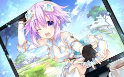 Rule 34 | 10s, 1girl, absurdres, armor, blush, boots, cliff, cloud, coffee, coffee mug, cup, day, detached sleeves, dress, fantasy, female focus, fingerless gloves, four goddesses online: cyber dimension neptune, game cg, gloves, gold armor, grass, hair ornament, happy, highres, looking at viewer, monitor, mug, neptune (neptunia), neptune (series), pink hair, purple eyes, purple hair, reaching, reaching towards viewer, rock, short hair, sky, smile, solo, thigh boots, thighhighs, through medium, through screen, tree, tsunako, white dress