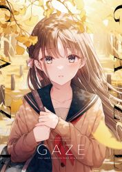 Rule 34 | 1girl, ascot, autumn, bag, black sailor collar, blue bag, blush, bow, brown hair, brown sweater, collarbone, comiket 101, commentary request, day, english text, facing viewer, falling leaves, forest, grey eyes, hair bow, highres, holding, holding bag, leaf, long sleeves, looking at viewer, nature, open mouth, original, outdoors, own hands together, parted bangs, pink bow, red ascot, sailor collar, sidelocks, solo, standing, stone, sunlight, sweater, tadano yukiko, teeth, tree, undershirt, upper body