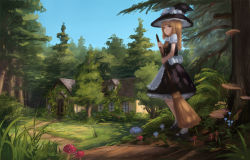 Rule 34 | 1girl, apron, black dress, blonde hair, blue sky, bow, braid, broom, dappled sunlight, day, dress, forest, forest of magic, fungus, grass, hair bow, hat, hat bow, holding, holding broom, house, kirisame marisa, long hair, looking afar, looking back, mary janes, moss, mushroom, nature, overgrown, path, road, sebastian (artist), shoes, short sleeves, signature, single braid, sky, sleeveless, sleeveless dress, smile, solo, standing, sunlight, touhou, white legwear, witch hair, witch hat, yellow background