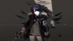 Rule 34 | 1girl, absurdres, arknights, black coat, black halo, black horns, black scarf, black shorts, blouse, blue eyes, blue hair, coat, commentary, cowboy shot, dark halo, demon tail, energy wings, fur-trimmed hood, fur trim, grey background, grey shirt, halo, highres, holding, holding staff, hood, hood down, hooded coat, horns, long hair, looking at viewer, mostima (arknights), open clothes, open coat, open mouth, ribiadan, scarf, shadow, shirt, short shorts, shorts, shoulder strap, simple background, smile, solo, staff, tail, teeth