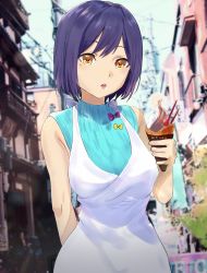 Rule 34 | 1girl, absurdres, bare arms, bare shoulders, blue shirt, blurry, blurry background, breasts, brown eyes, building, day, depth of field, dress, food, highres, holding, holding food, ice cream, ice cream cone, looking at viewer, medium breasts, misaki nonaka, mole, mole under eye, nijisanji, outdoors, parted lips, purple hair, shirt, shizuka rin, short hair, sleeveless, sleeveless dress, sleeveless shirt, soft serve, solo, teeth, tongue, tongue out, upper teeth only, virtual youtuber, white dress