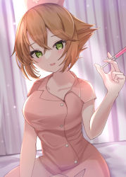 Rule 34 | 1girl, absurdres, bed sheet, blush, breasts, brown hair, buttons, collarbone, curtains, green eyes, hair between eyes, hat, highres, holding, holding syringe, kantai collection, large breasts, mutsu (kancolle), nurse, nurse cap, open mouth, pink hat, short hair, short sleeves, smile, solo, syringe, yoshino (mfmfpng)