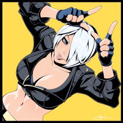 Rule 34 | 1girl, angel (kof), arms up, artist name, black gloves, blue eyes, breasts, chaps, cleavage, cropped jacket, horns pose, fingerless gloves, flat color, gloves, hair over one eye, highres, horns, its just suppi, jacket, large breasts, leaning forward, leather, leather jacket, navel, short hair, snk, solo, tan, taunting, the king of fighters, tongue, tongue out, white hair