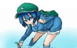 Rule 34 | 1girl, backpack, bad id, bad pixiv id, bag, black hair, blue eyes, boots, dress, hair bobbles, hair ornament, hat, kanfuru, kawashiro nitori, key, long sleeves, looking at viewer, partially submerged, ripples, rubber boots, shirt, short hair, shorts, sketch, solo, standing, touhou, twintails, two side up, wading, water
