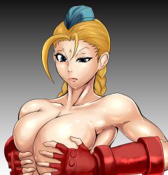 Rule 34 | 1990s (style), 1girl, antenna hair, armpits, bad id, bad pixiv id, beret, blonde hair, blue eyes, braid, breast hold, breast suppress, breasts, breasts squeezed together, cammy white, capcom, cleavage, collarbone, elbow gloves, fingerless gloves, garrison cap, gloves, hat, highres, huge breasts, koucha indian, large breasts, lips, lipstick, long hair, makeup, nude, raised eyebrow, retro artstyle, shiny skin, solo, street fighter, street fighter ii (series), twin braids