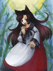 Rule 34 | 1girl, :p, animal ears, brown hair, dress, licking finger, fingernails, frilled sleeves, frills, full moon, imaizumi kagerou, io (maryann blue), io (pixiv21347802), licking, long hair, long sleeves, moon, neckerchief, red eyes, smile, tongue, tongue out, touhou, wolf ears