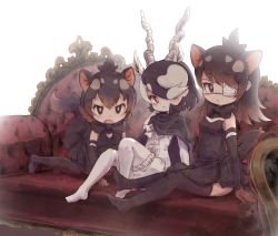 Rule 34 | 3girls, all fours, animal ears, antlers, backlighting, black hair, black legwear, black skirt, blush, brown eyes, brown gloves, brown hair, character request, closed mouth, detached sleeves, eyepatch, fang, gloves, hair over one eye, highres, horns, kemono friends, kolshica, long hair, looking at viewer, multicolored hair, multiple girls, open mouth, pantyhose, red eyes, short hair, simple background, sitting, skin fang, skirt, tail, thighhighs, v-shaped eyebrows, white background, white hair, white legwear