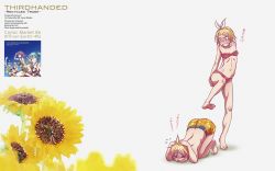 Rule 34 | 1boy, 1girl, all fours, angry, barefoot, bikini, blonde hair, brother and sister, covering head, closed eyes, feet, flower, hair ornament, hair ribbon, hairclip, highres, kagamine len, kagamine rin, md5 mismatch, mixed media, nail polish, navel, open mouth, painting (medium), ribbon, short hair, siblings, soles, sunflower, swimsuit, toenail polish, toenails, toes, traditional media, translation request, twins, vocaloid, watercolor (medium), wokada