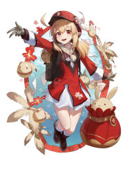 Rule 34 | 1girl, absurdres, backpack, bag, blonde hair, boots, brown footwear, coat, commentary, english commentary, flower, full body, genshin impact, gloves, grey gloves, hat, highres, klee (genshin impact), long sleeves, looking at viewer, mac star, open mouth, outstretched arm, petticoat, pointy ears, red coat, red eyes, red flower, red hat, simple background, smile, solo, teeth, twintails, upper teeth only, white background
