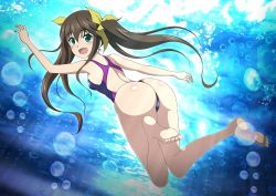 Rule 34 | 1girl, :d, arm up, ass, barefoot, blue one-piece swimsuit, bow, breasts, brown hair, competition swimsuit, floating hair, from behind, full body, green eyes, hair between eyes, hair bow, huang lingyin, infinite stratos, kuroda ariake, long hair, looking at viewer, looking back, one-piece swimsuit, open mouth, shiny skin, small breasts, smile, soles, solo, swimsuit, underwater, very long hair, yellow bow