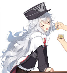 Rule 34 | 1girl, :d, azur lane, black headwear, black jacket, blush, cape, closed eyes, commentary request, fang, feeding, food, food on face, from side, fur-trimmed cape, fur trim, graf zeppelin (azur lane), hair between eyes, hat, highres, holding, holding spoon, jacket, long hair, long sleeves, messy hair, military hat, multicolored cape, multicolored clothes, olive (laai), open mouth, out of frame, peaked cap, pleated skirt, pudding, red cape, silver hair, simple background, skirt, smile, solo focus, spoon, very long hair, white background, white cape, white skirt, zeppy (azur lane)