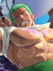 Rule 34 | 1boy, alternate pectoral size, anger vein, armpit hair, armpit peek, bara, bare shoulders, clenched teeth, clothes lift, cropped, food on body, food on pectorals, fumio (snnmfmw), green hair, highres, large pectorals, long sideburns, looking to the side, male focus, midriff sarashi, muscular, muscular male, nipples, nude, one piece, pectorals, roronoa zoro, sarashi, scar, scar across eye, shirt lift, short hair, sideburns, solo, stitches, sweat, teeth, upper body