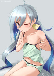 Rule 34 | 1girl, ahoge, blue hair, camisole, collarbone, colored inner hair, commentary request, cowboy shot, green camisole, green panties, grey eyes, grey hair, hair between eyes, index finger raised, kantai collection, kiyoshimo (kancolle), long hair, low twintails, multicolored hair, navel, one-hour drawing challenge, one eye closed, panties, polka dot, polka dot camisole, polka dot panties, ray.s, sitting, solo, twintails, twitter username, underwear