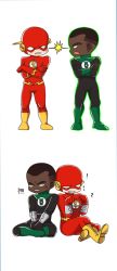 Rule 34 | !, !?, 2boys, ?, angry, black hair, bodysuit, boots, chibi, crossed arms, cuffs, dark skin, dc comics, emblem, flash (series), gloves, glowing, glowing eyes, green eyes, green footwear, green lantern, green lantern (series), handcuffs, john stewart, justice league, male focus, mask, multiple boys, shoes, simple background, sitting, teeth, the flash, wally west, white background, yellow footwear