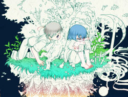 Rule 34 | 2boys, aged down, bad id, bad pixiv id, barefoot, blue hair, brown hair, bruise, child, flower, grass, hugging own legs, injury, kanke (yonkuma), male focus, mouse (animal), multiple boys, nature, nezumi (no.6), no.6, partially colored, plant, purple eyes, roots, shion (no.6), short hair, sitting, star (symbol), tears, tree