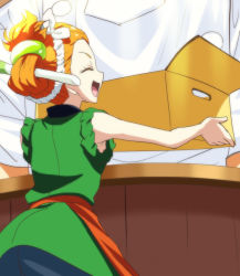 Rule 34 | 10s, 1girl, :d, ^ ^, box, closed eyes, closed eyes, from behind, hair ornament, hair stick, haruyama kazunori, holding, holding box, hugtto! precure, ichijou ranze, japanese clothes, open mouth, orange hair, precure, sleeveless, smile
