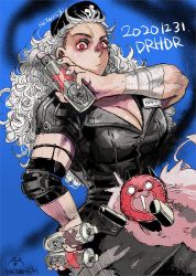 Rule 34 | 1girl, breasts, clipboard, dorohedoro, dress, earrings, hat, jewelry, kaitennsiki, kikurage (dorohedoro), large breasts, long hair, looking at viewer, muscular, muscular female, noi (dorohedoro), nurse, nurse cap, red eyes, short dress, simple background, solo, stethoscope, syringe, thighhighs, white hair
