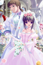 Rule 34 | 3girls, 6+boys, :d, bare shoulders, bouquet, breasts, bride, brown hair, character request, church, cleavage, dress, dwarf, dwarf (grimm), flower, game cg, gloves, holding hands, highres, kagami no naka no orgel, multiple boys, multiple girls, nini (delta), open mouth, petals, pink flower, pink rose, pointy ears, purple eyes, rose, smile, snow white, snow white (grimm), snow white and the seven dwarfs, wedding, wedding dress