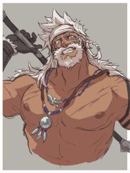 Rule 34 | 1boy, bara, braid, cropped torso, dark-skinned male, dark skin, facial mark, final fantasy, final fantasy xiv, grin, headband, highres, hyur, jewelry, large pectorals, long hair, lyon rem helsos, male focus, mature male, muscular, muscular male, necklace, old, old man, pectorals, scar, scar on face, scar on nose, shiba156 ff14, side braid, smile, tooth necklace, tribal, unfinished, white hair, white headband