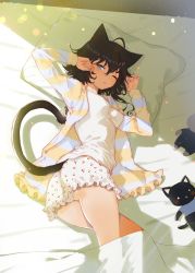 Rule 34 | 1girl, ;o, absurdres, ahoge, animal ears, arm up, arutera, ass, bed, bed sheet, black hair, blanket, bloomers, blue eyes, blush, breasts, cat ears, cat girl, cat tail, cherry print, colored stripes, commentary request, food print, frills, hair between eyes, hand up, highres, jacket, long hair, long sleeves, looking at viewer, lying, medium breasts, multicolored hair, on bed, on side, one eye closed, open clothes, open jacket, open shirt, original, panties, parted lips, pillow, revision, shirt, solo, streaked hair, striped clothes, striped jacket, striped shirt, stuffed animal, stuffed cat, stuffed toy, tail, thighs, twisted torso, underwear, waking up, white panties, white shirt