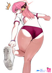 Rule 34 | 1girl, ^^^, absurdres, adjusting clothes, adjusting shoe, aru (blue archive), ass, bent over, blue archive, blush, buruma, crop top, from behind, gym uniform, highres, horns, long hair, looking back, mr tangsuyuk, no socks, open mouth, pink hair, shoes, simple background, sneakers, solo, standing, standing on one leg, surprised, thighs, white background, white footwear, yellow eyes