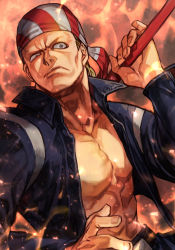 Rule 34 | 1boy, abs, bandana, belt, billy kane, blonde hair, fatal fury, fire, frown, hungry clicker, jacket, male focus, muscular, muscular male, pants, pectoral cleavage, pectorals, scowl, snk, solo, staff, the king of fighters, traditional media, weapon