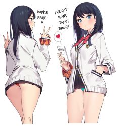 Rule 34 | 10s, 1girl, black hair, blazer, blue eyes, blush, cardigan, cellphone, closed mouth, commentary request, double v, gridman universe, hard-translated, heart, holding, holding phone, jacket, legs, long hair, long sleeves, looking at viewer, panties, phone, pleated skirt, popqn, school uniform, scrunchie, shirt, skirt, smartphone, solo, ssss.gridman, standing, takarada rikka, thighs, third-party edit, translated, underwear, v, wrist scrunchie