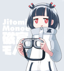 Rule 34 | 1girl, black hair, blunt bangs, character name, goggles, gyari (imagesdawn) (style), holding, holding goggles, jacy, jitomi monoe, looking at viewer, nail polish, parted lips, red eyes, red nails, smile, solo, upper body, virtual youtuber, voms