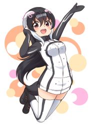 Rule 34 | 1girl, :d, absurdres, african penguin (kemono friends), arm up, black footwear, black hair, black hoodie, black thighhighs, blush, boots, brown eyes, commentary, full body, hair between eyes, hand on headphones, headphones, high collar, highres, hood, hoodie, kemono friends, long hair, long sleeves, looking at viewer, mittens, multicolored hair, open mouth, penguin girl, penguin tail, pink hair, shiraha maru, smile, solo, streaked hair, tail, teeth, thighhighs, two-tone hoodie, two-tone legwear, upper teeth only, white hair, white hoodie, white thighhighs, zettai ryouiki