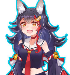Rule 34 | 1girl, :d, animal ears, bad id, bad pixiv id, bell, black hair, choker, collarbone, commentary request, detached sleeves, hair between eyes, hair ornament, hairclip, highres, hololive, kuroten, long hair, looking at viewer, midriff, multicolored hair, navel, ookami mio, ookami mio (1st costume), open mouth, rope, school uniform, serafuku, shimenawa, sidelocks, simple background, smile, solo, streaked hair, tail, two-tone hair, virtual youtuber, white background, wide sleeves, wolf ears, wolf girl, wolf tail, yellow eyes