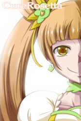 Rule 34 | 1girl, backlighting, bloom, brown eyes, brown hair, character name, choker, collarbone, cure rosetta, dokidoki! precure, highres, long hair, magical girl, nishi koutarou, out of frame, portrait, precure, simple background, smile, solo, twintails, white background, yotsuba alice