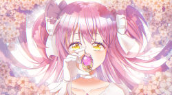 Rule 34 | 1girl, absurdres, backlighting, cherry blossoms, choker, chromatic aberration, close-up, collarbone, covered mouth, covering own mouth, eyelashes, flower, gloves, hair between eyes, hair ribbon, half-closed eyes, hand up, highres, holding, huge filesize, kaname madoka, light blush, light particles, long eyelashes, long hair, looking at viewer, mahou shoujo madoka magica, mahou shoujo madoka magica (anime), pink flower, pink hair, pink theme, plumbago, ribbon, shadow, simple background, solo, soul gem, spring (season), straight hair, tareme, two side up, ultimate madoka, upper body, very long hair, white background, white choker, white gloves, white ribbon, yellow eyes