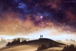 Rule 34 | 1boy, 1girl, commentary, english commentary, fog, hill, holding hands, night, night sky, original, outdoors, scenery, silhouette, sky, standing, star (sky), starry sky, tree, watermark, web address, yuumei