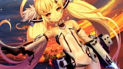 Rule 34 | 1girl, :o, ahoge, armpits, azur lane, blonde hair, breasts, burnt, character name, cleavage cutout, clothes writing, clothing cutout, collarbone, cowboy shot, detached sleeves, eldridge (azur lane), electricity, explosion, facial tattoo, hair ornament, hairclip, highres, long hair, looking at viewer, ocean, outdoors, panties, red eyes, sky, small breasts, solo, standing, sunset, tattoo, twintails, underwear, very long hair, white panties, yagitori