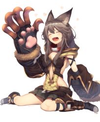 Rule 34 | 10s, 1girl, a.t. zero, animal ears, bad id, bad twitter id, claw (weapon), erune, granblue fantasy, grey hair, long hair, open mouth, sen (granblue fantasy), skirt, solo, weapon, yawning