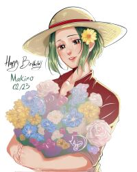 Rule 34 | 1girl, anyumii136, blush, bouquet, brown eyes, character name, commentary, dated, flower, green hair, hair flower, hair ornament, happy birthday, hat, highres, holding, holding bouquet, looking down, makino (one piece), one piece, red shirt, shirt, sidelocks, simple background, smile, straw hat, white background